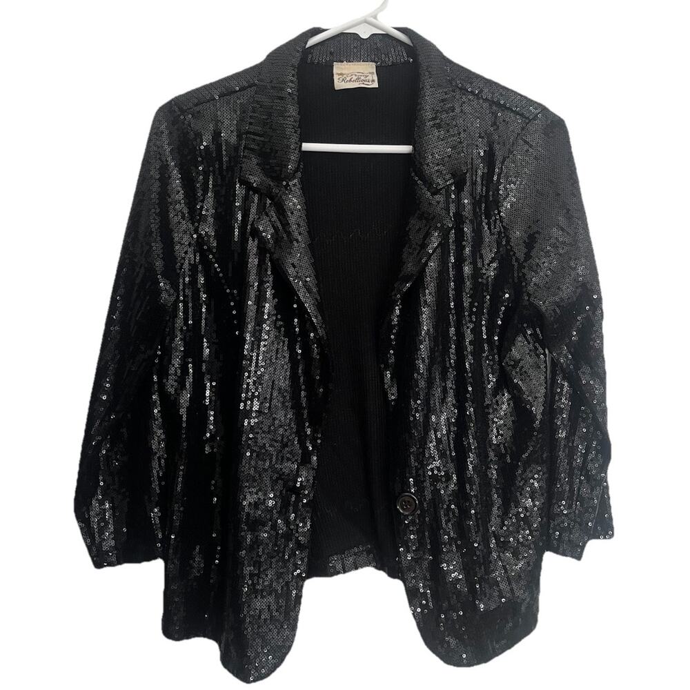 Black Sequin Drape Front Long Sleeve Blazer By Rebellious Size M